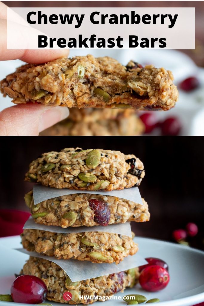 top photo has someone holding a breakfast cookies with a huge chewy bite out of it. The second photo on the bottom has 4 breakfast cookies stacked on top of each other.