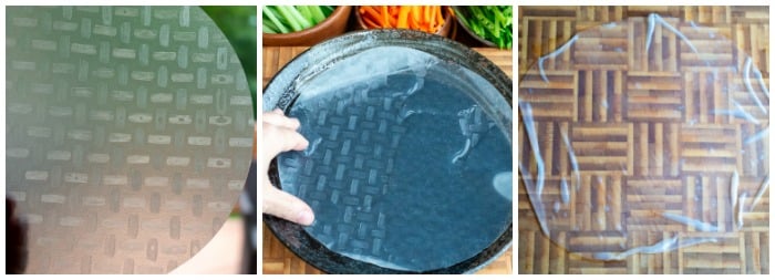 Step by Step showing a dried rice wrapper, then soaking in water and then pliable and ready for use.