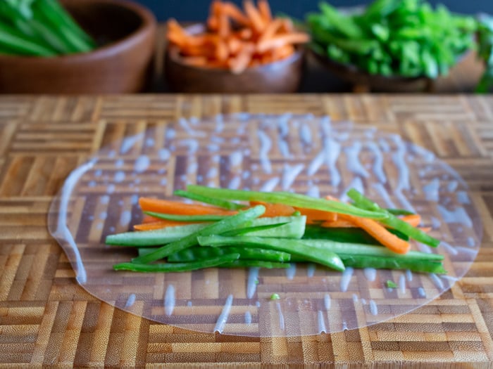 Snow peas added to the rice paper wrapper.