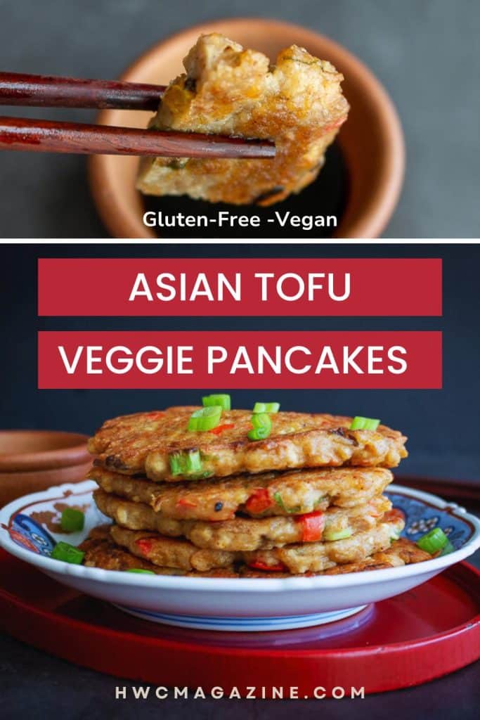 Asian tofu veggie pancakes in a stack and taking a bite.
