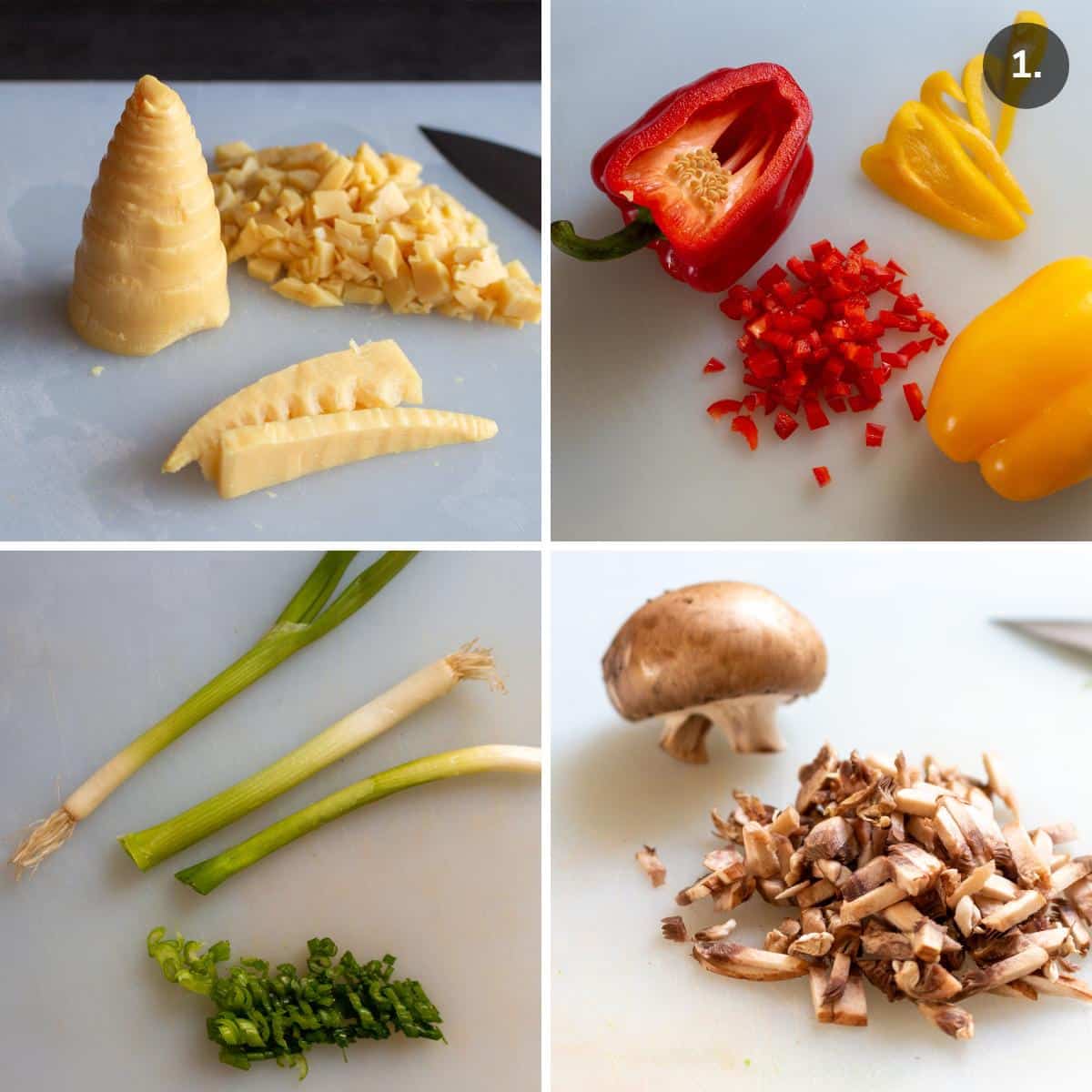 Chopping up bamboo, red pepper, green onions and mushrooms. 