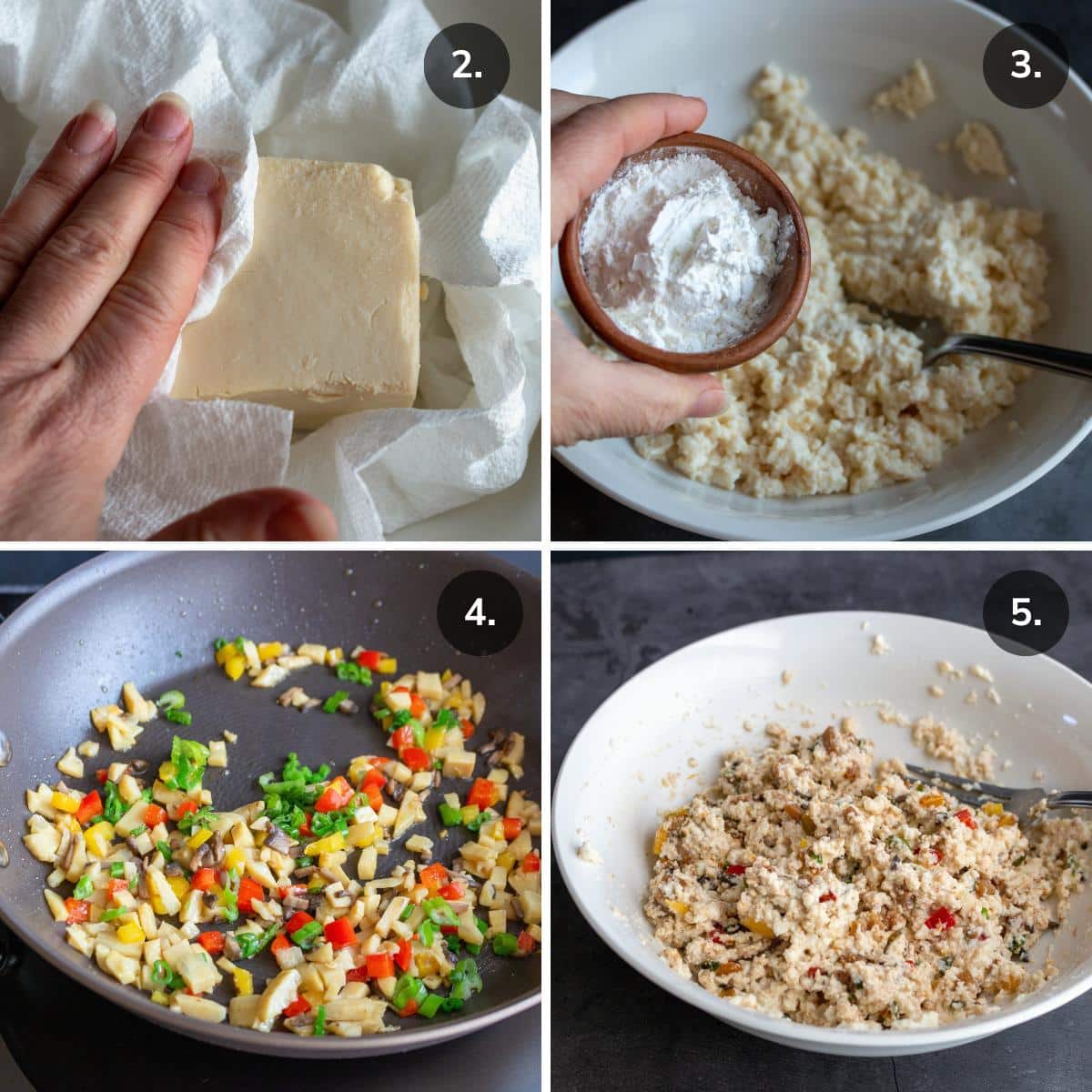 Dry the tofu, adding cornstarch, cooking vegetables and putting them in the tofu mix. 