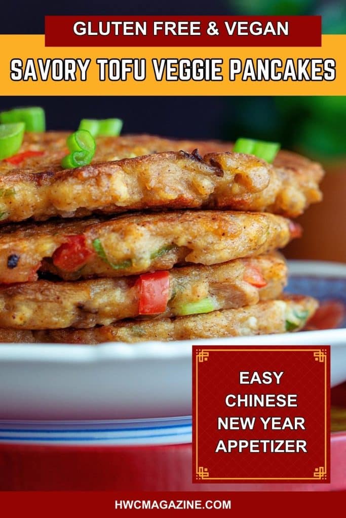 5 Savory vegetable Chinese pancakes in a plate and garnished with green onions.