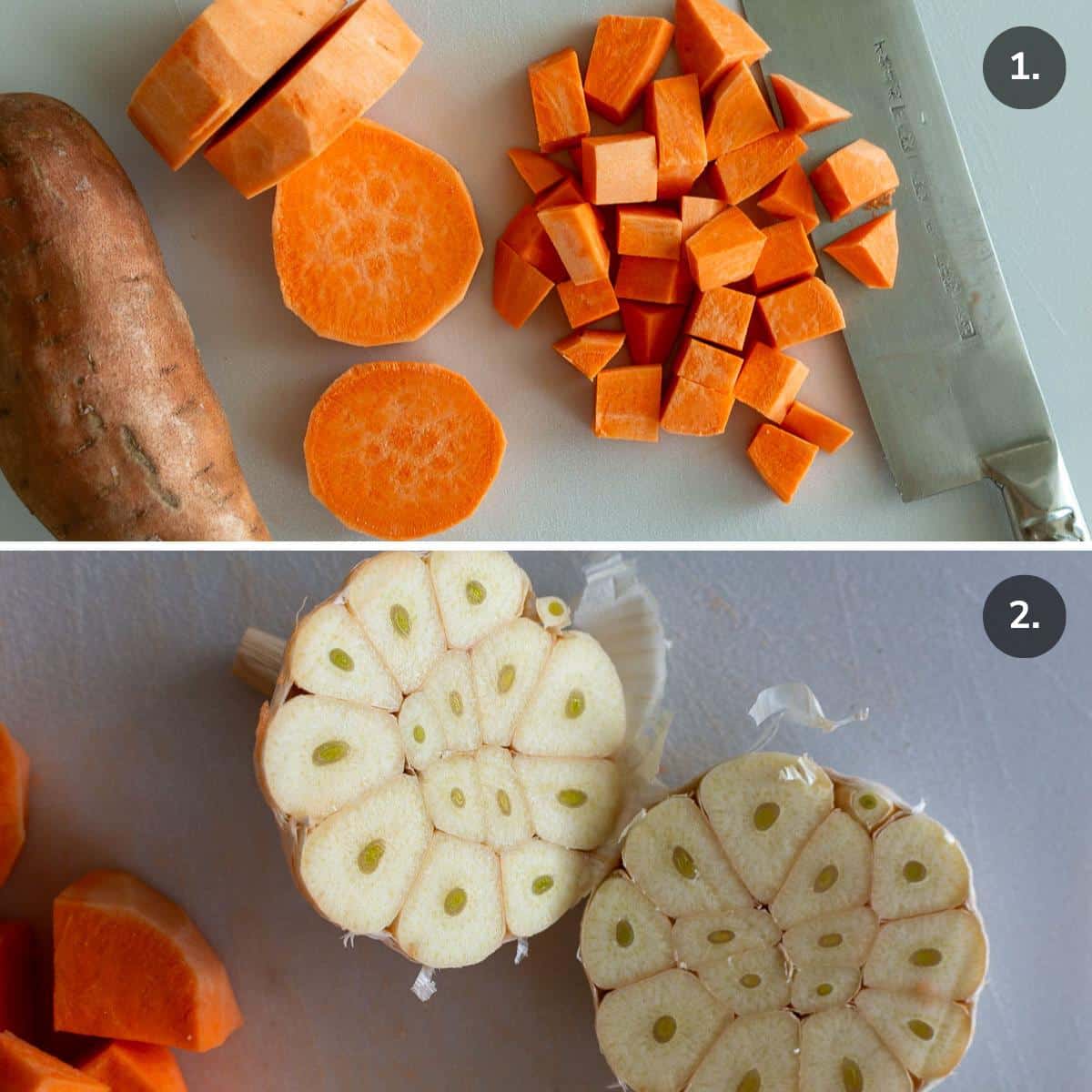 Dicing up sweet potato and sliced garlic bulb in half ready to bake in the oven.