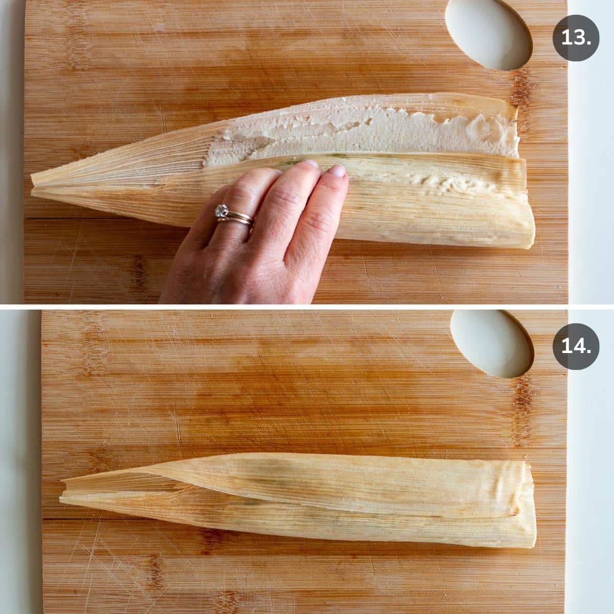 Folding the tamale over on one side and then the other.