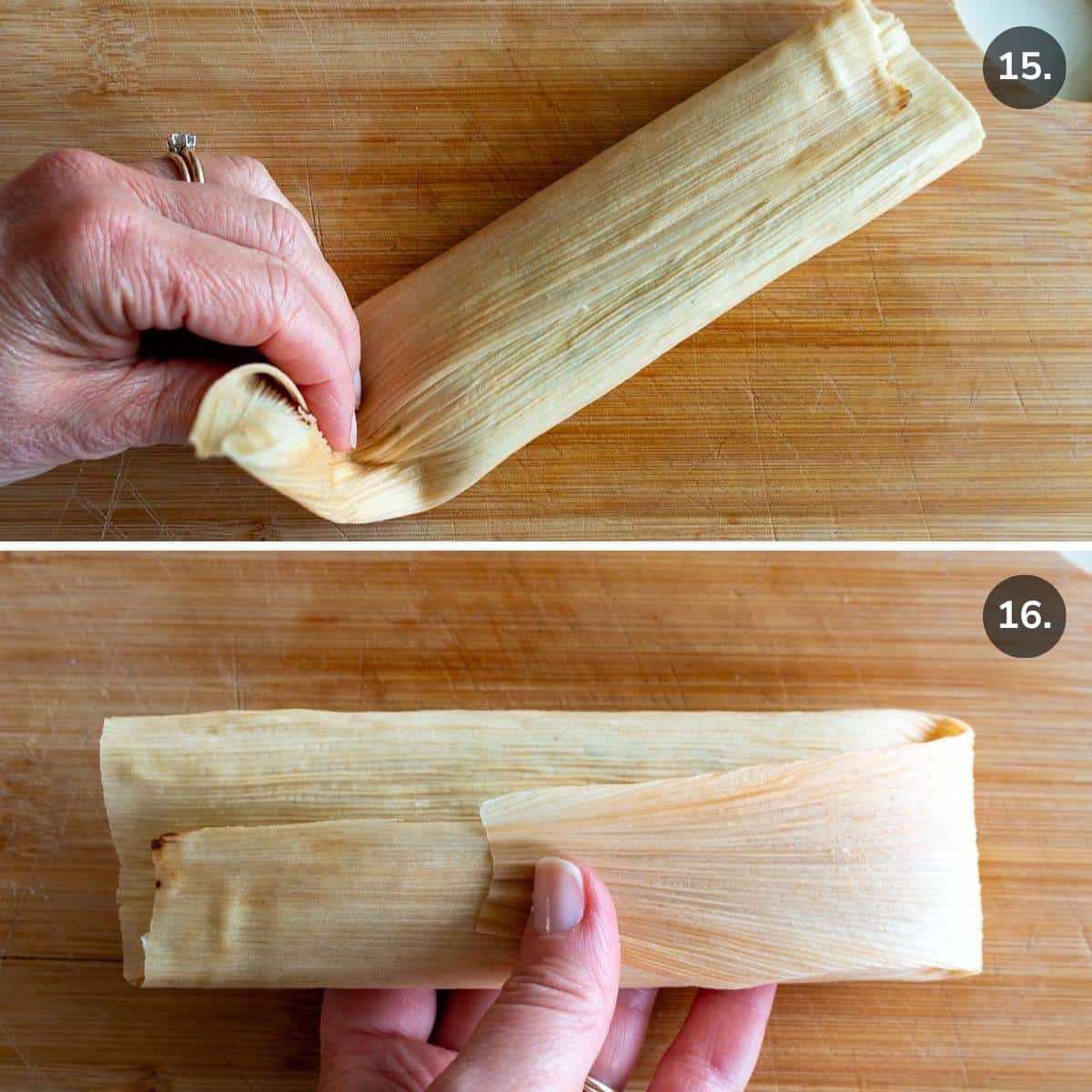 Folding the small end of the vegetarian tamale over the end. 