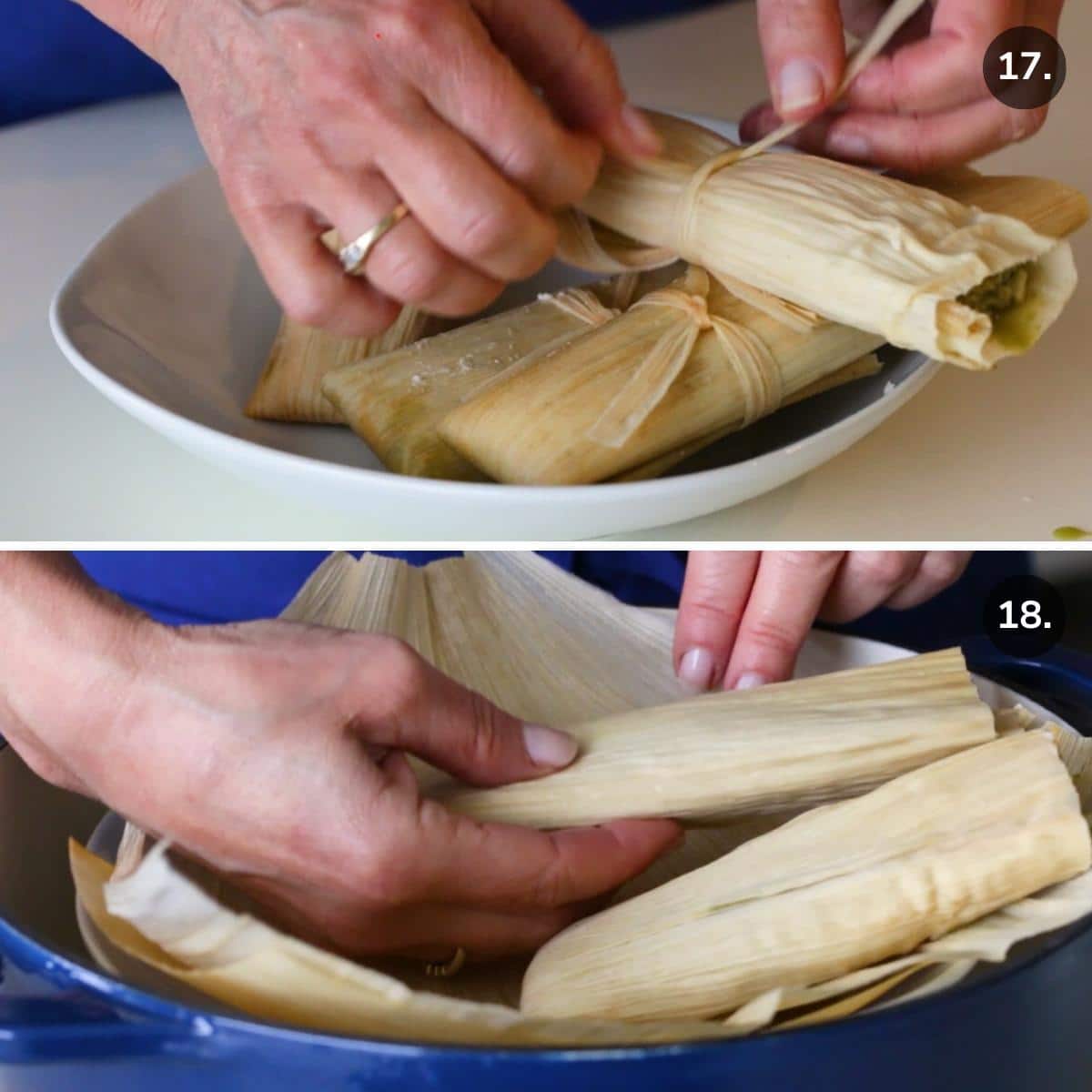 Tying up the tamales with a corn husk bow. Then placing them into a prepared steamer pot. 