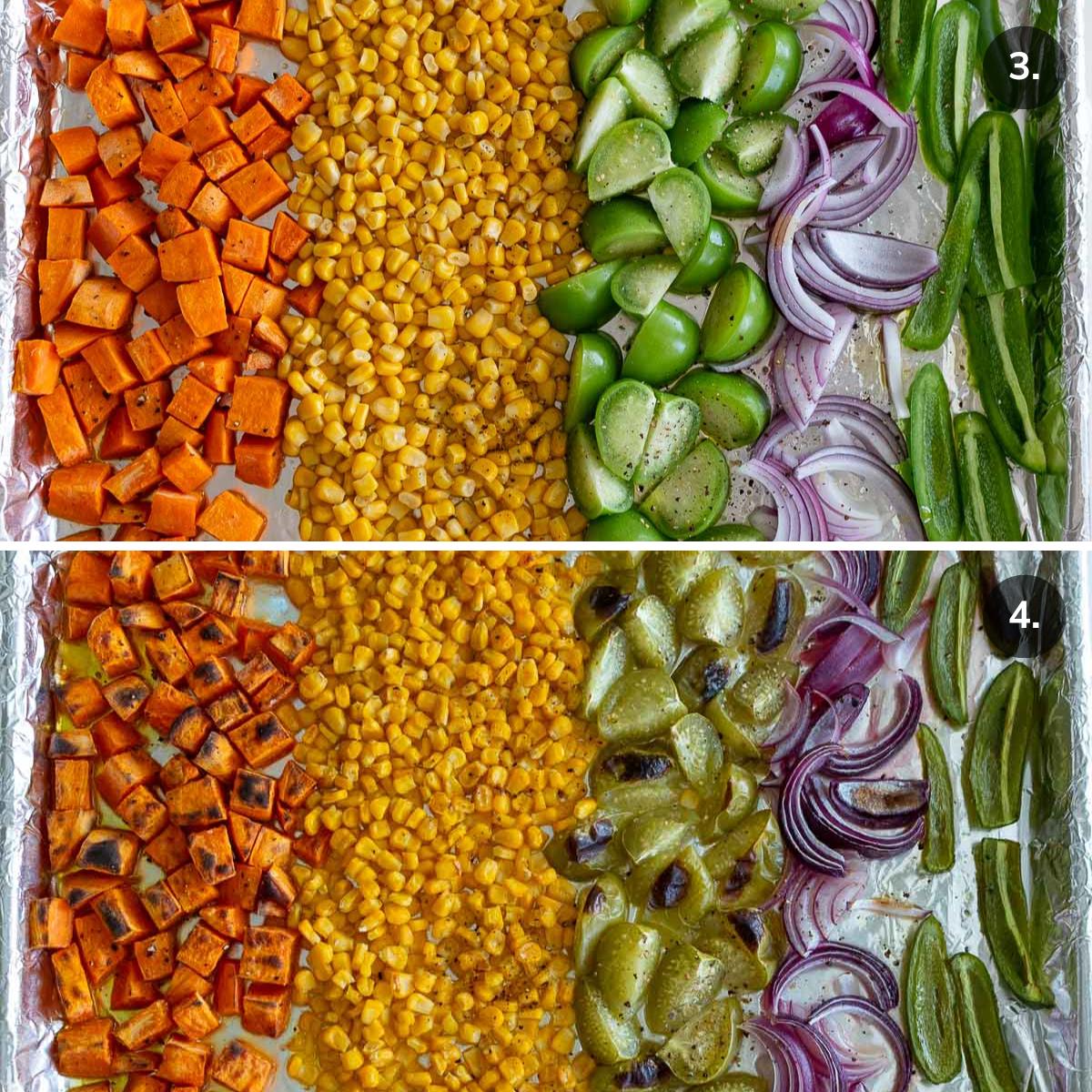 Tomatillos, onions, corn, jalapeno on a roasting pan before and after roasted in he oven.