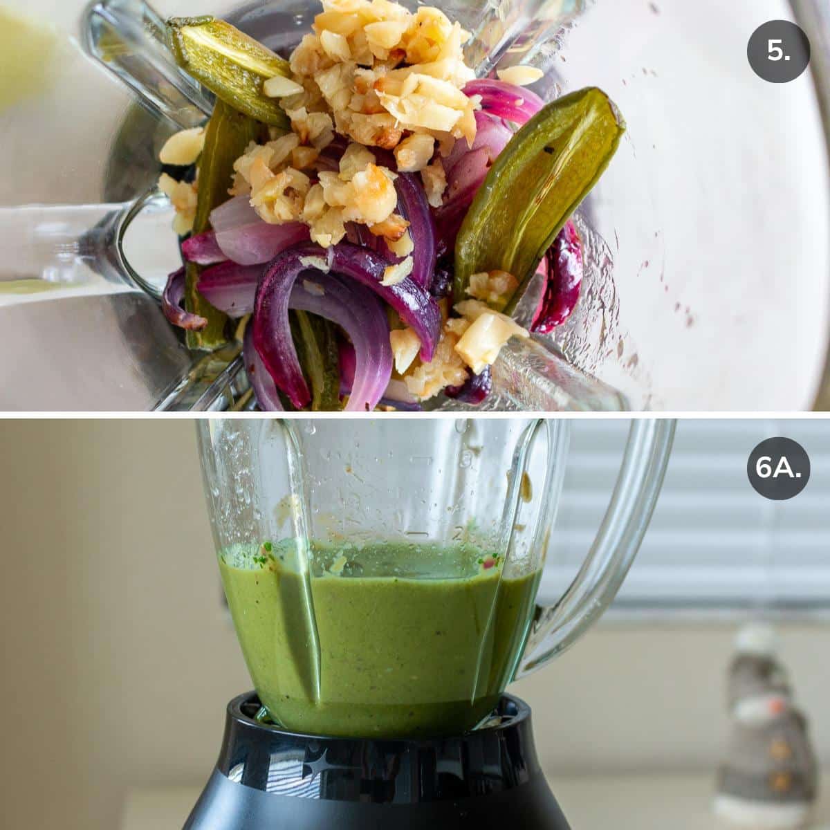 Roasted vegetables in the blender to make tomatillo verde salsa.