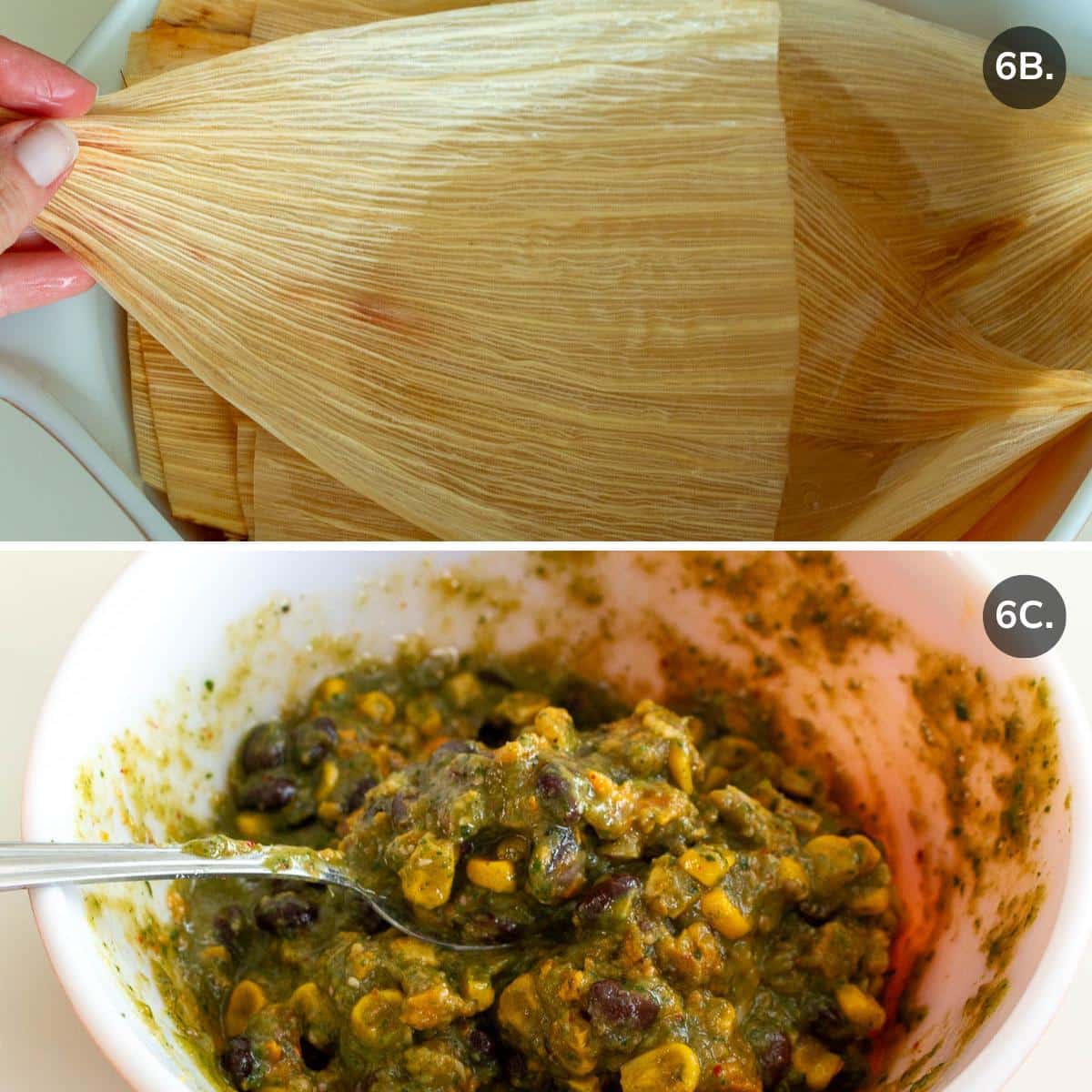 Soaking corn husks in water and tossing in the tomatillo salsa verde in the roasted vegetables. 