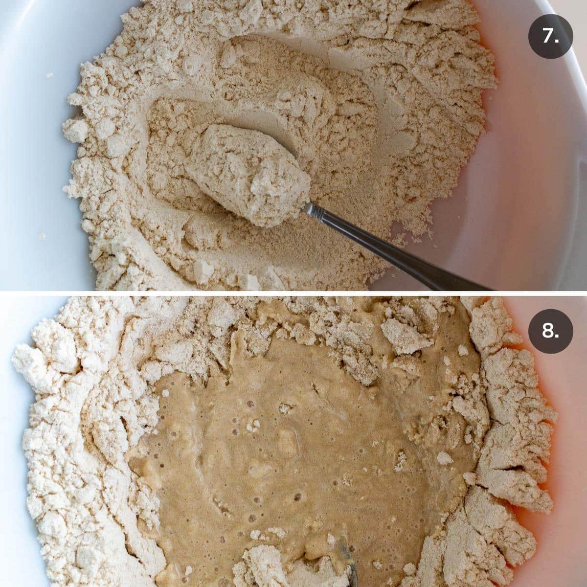 Mixing the dry ingredients to make tamales and adding in the oil. 