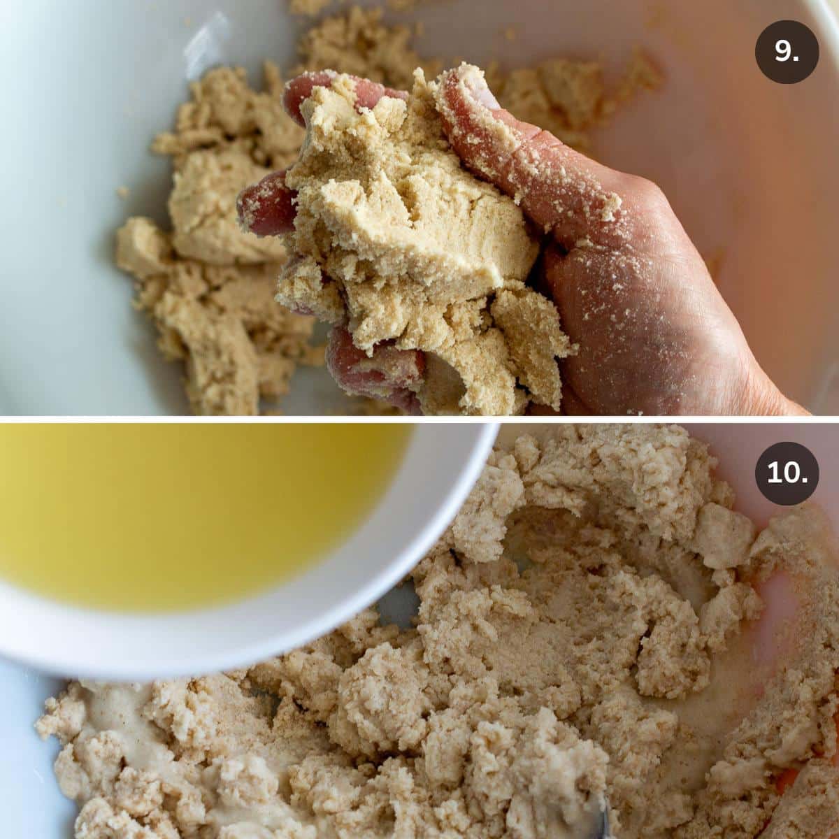 Showing the masa looking like wet sand and then adding in the vegetable broth a little at a time into the masa.