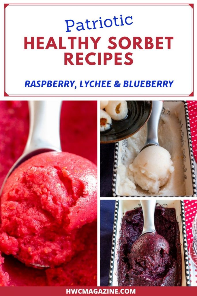 Lychee, raspberry and blueberry sorbet all decked out for the 4th of July.