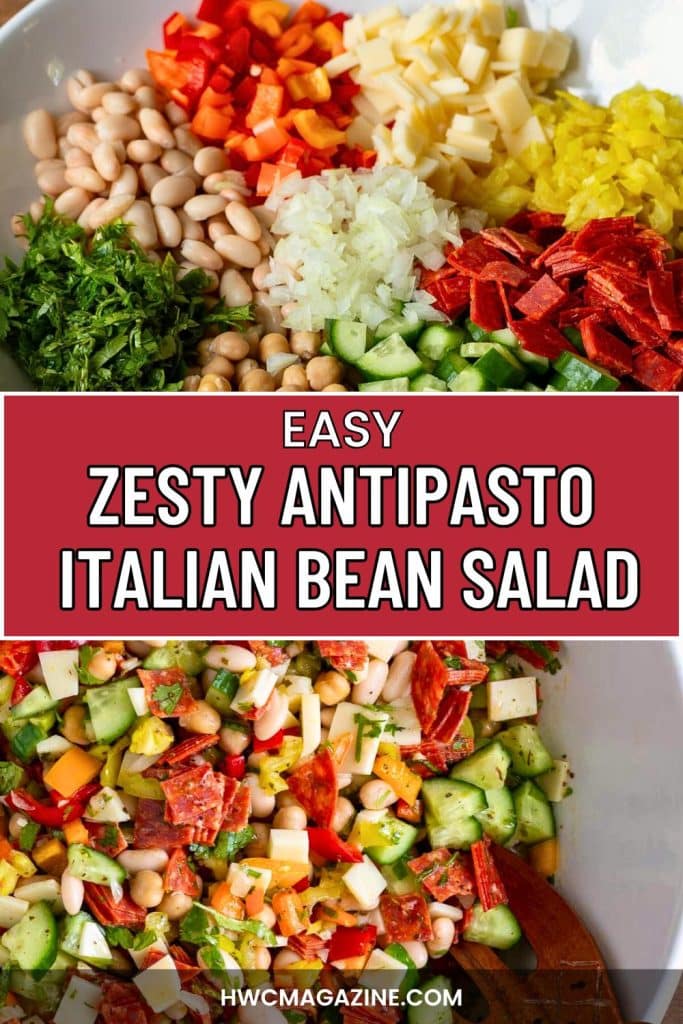 Antipasto Style Italian bean salad getting tossed to mix with the lemon white balsamic vinaigrette.