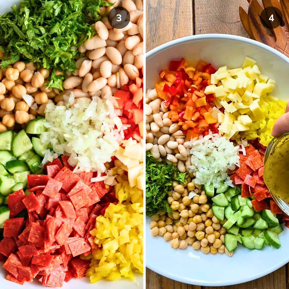 Chopped Antipasto ingredients are added to a bowl with the Italian cannellini beans and drizzling on the lemony salad dressing.