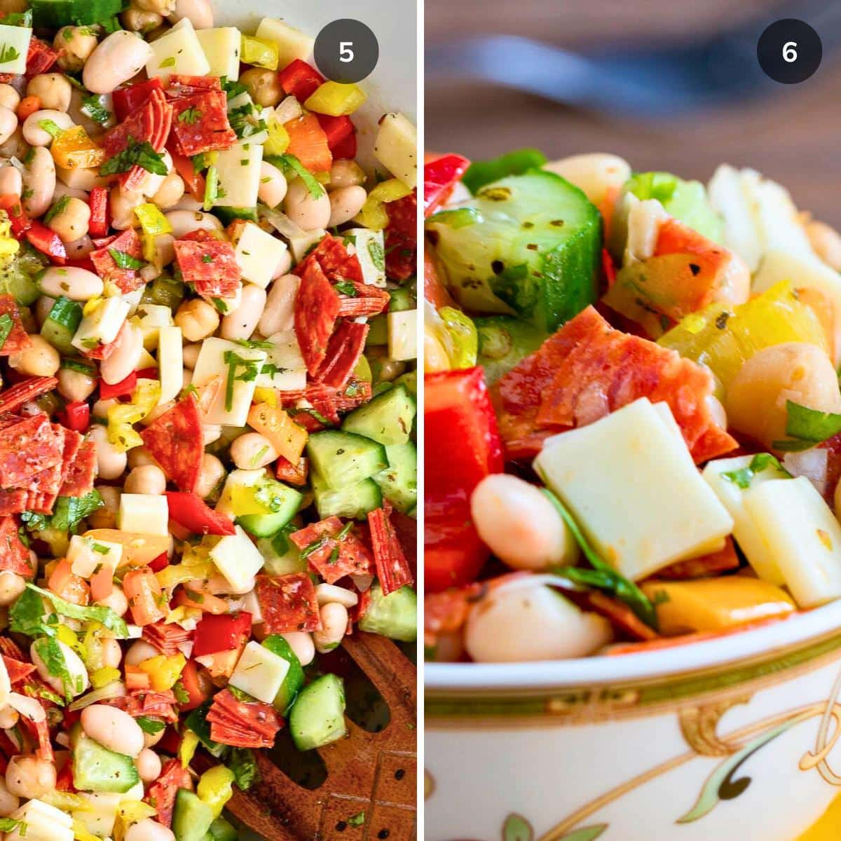 Tossing the salad and serving it it up in a white and green little bowl. 