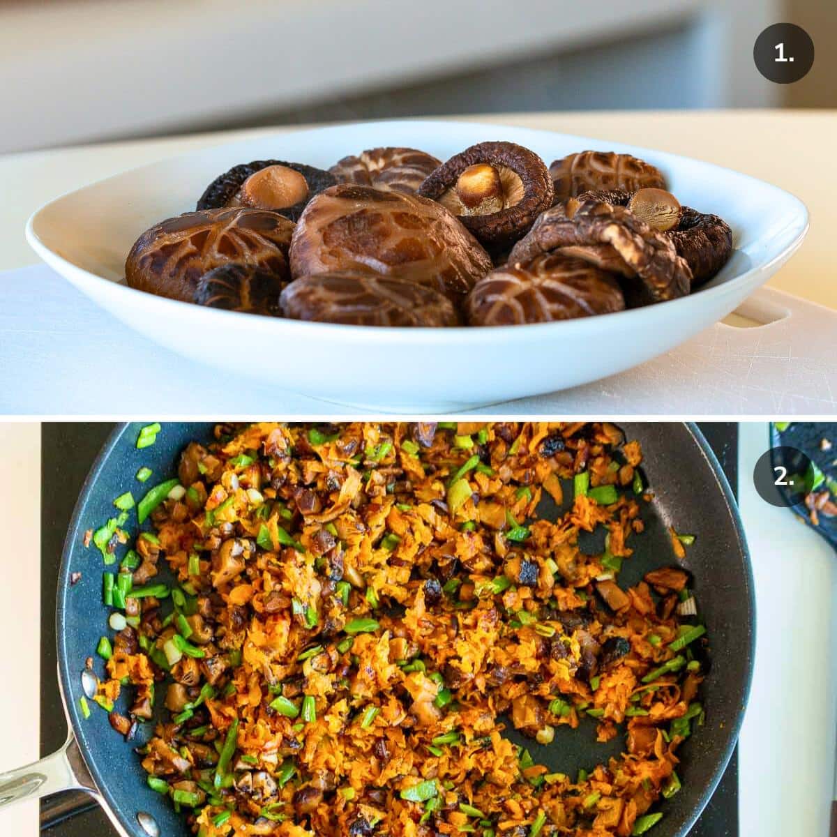 Soaking shiitake mushrooms in hot water and frying up the sweet potato and mushroom dumpling filling. 