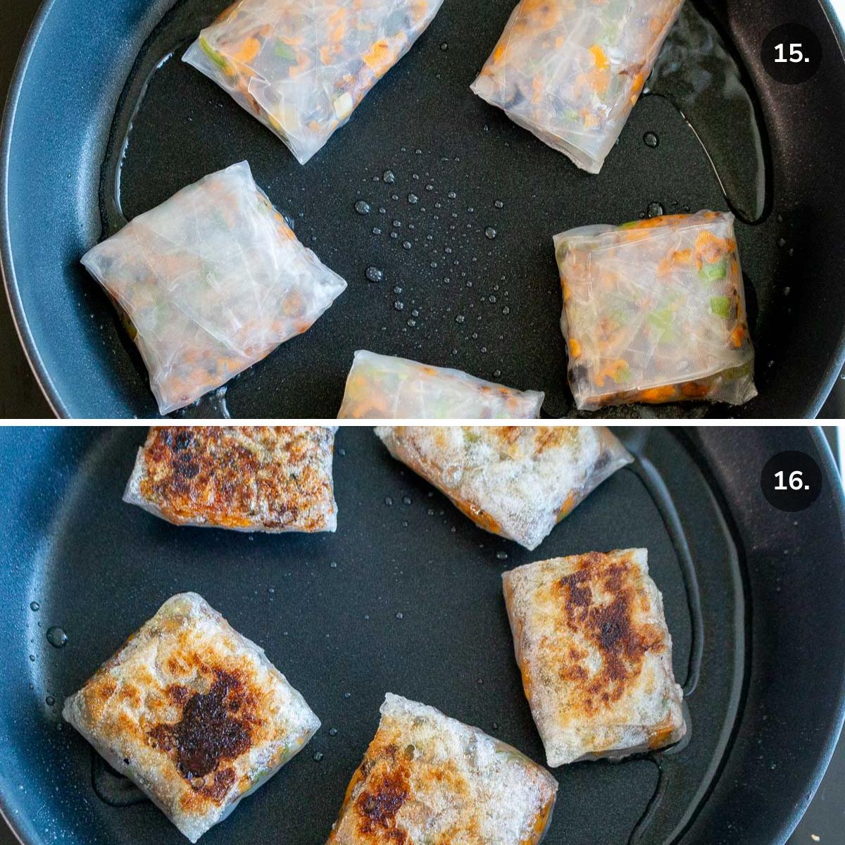 Prepared vegan dumplings placed in a frying pan and turned over to show the golden crispy edges. 