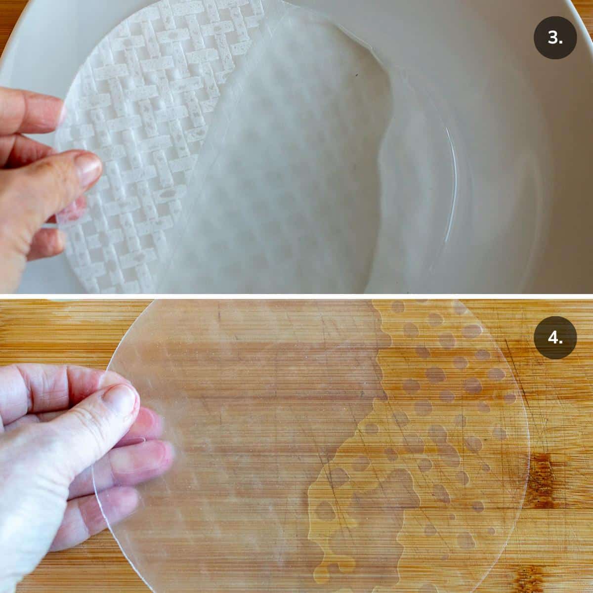 Dipping the rice paper wrapper into water and laying it on a wooden cutting board.