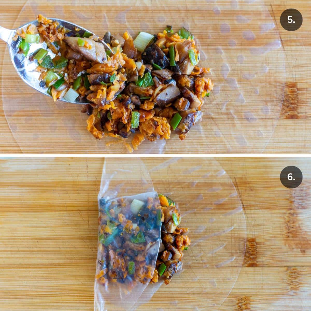 Placing a spoonful of cooked sweet potato and shiitake mushroom filling on the dampened rice paper sheet. 