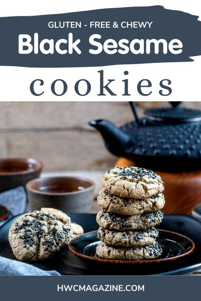 Stack of Black Sesame cookies on a black plate and tea.