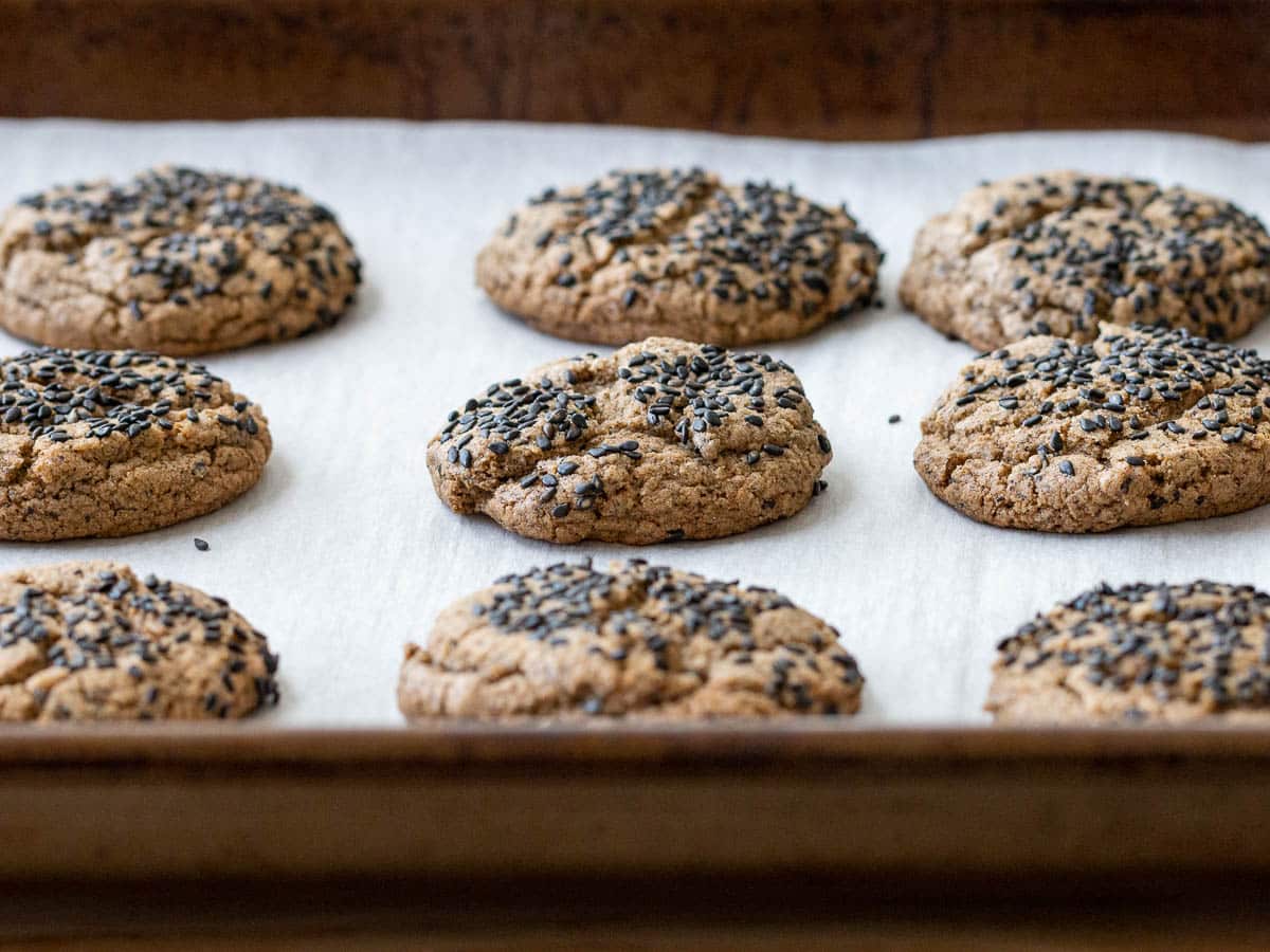 Gluten free cookies on a baking tray hot out of the own.