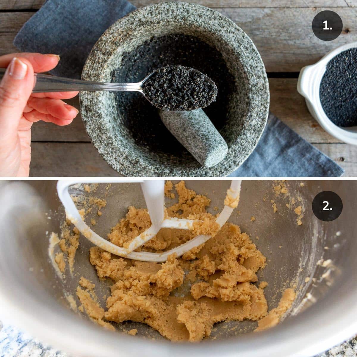 grinding black sesame seeds in mortar and pestle and creaming butter and sugar.