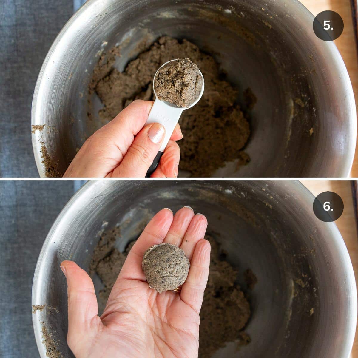 Scooping cookie dough into balls.