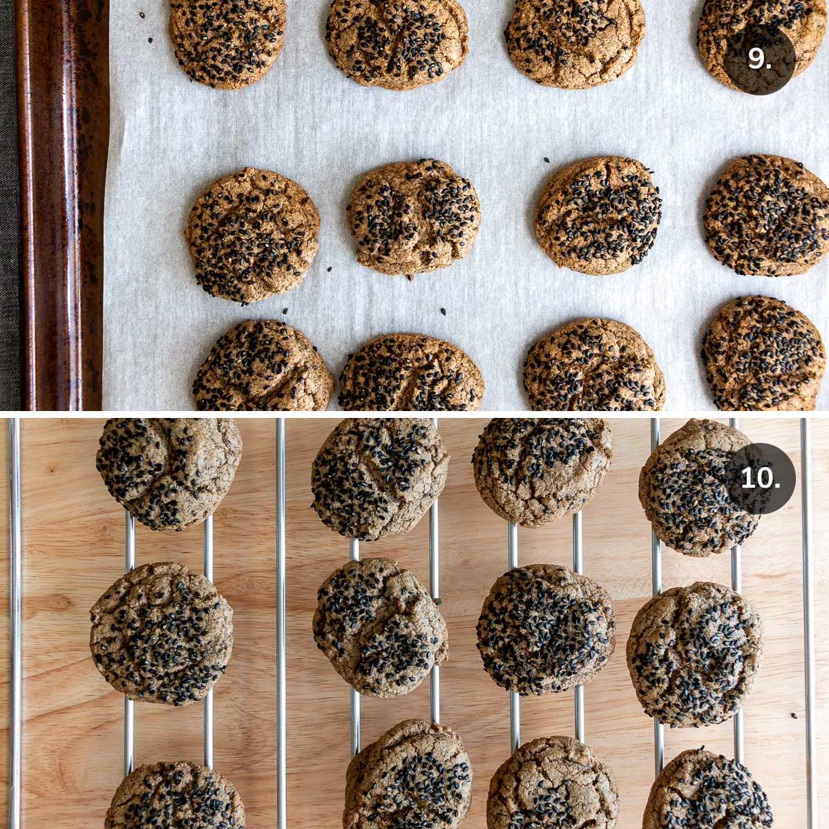 Freshly baked black sesame seed cookies out of the oven and cooling on a wire rack.