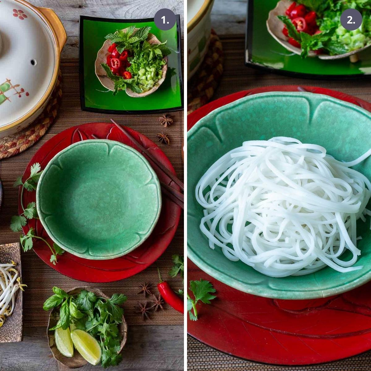 All pho bo ingredients to garnish around a bowl of cooked rice noodles.