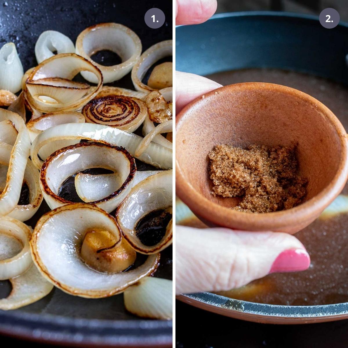 Cooking aromatics and adding brown sugar to pot.