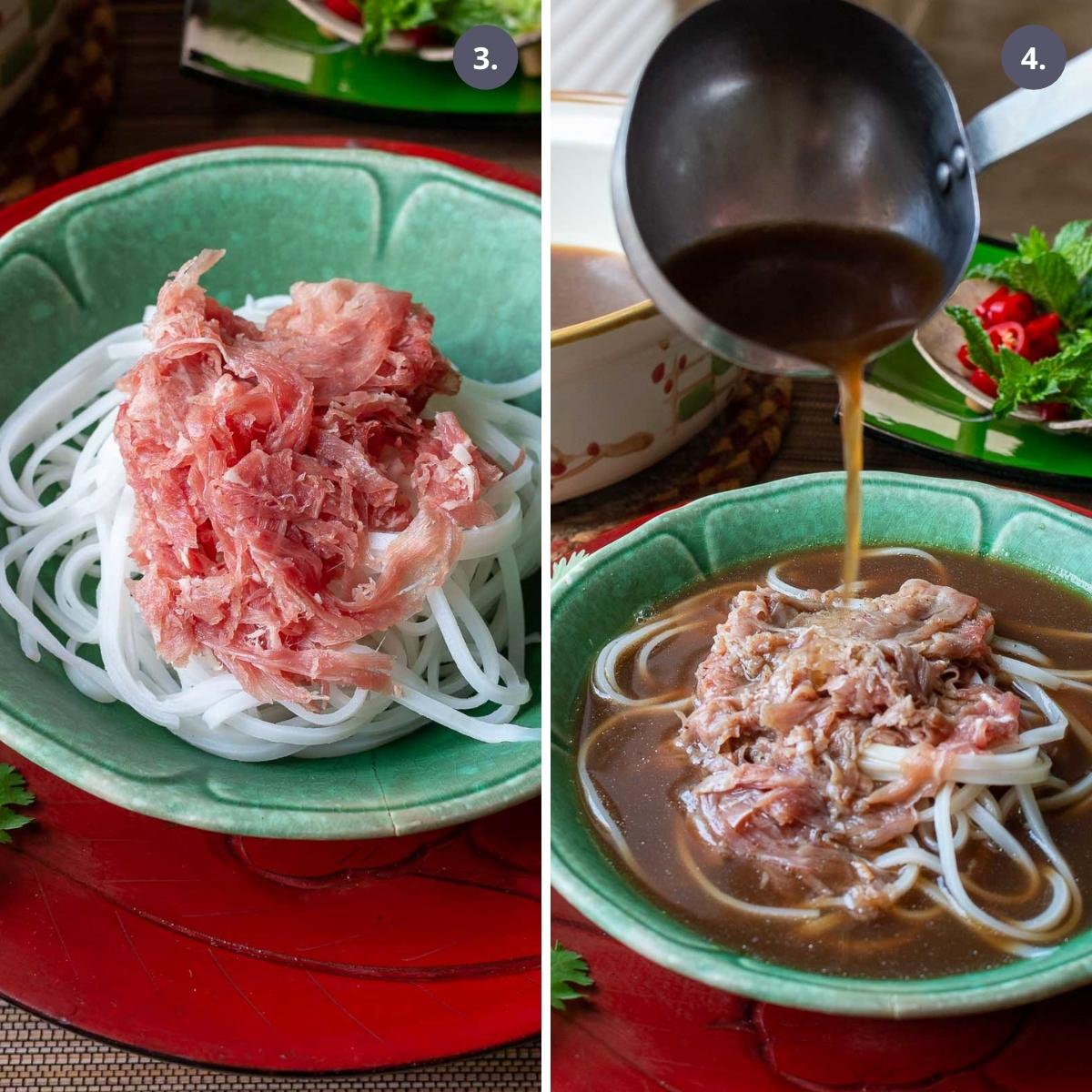 Chipped beef over noodles and beef pho broth poured over beef and noodles.