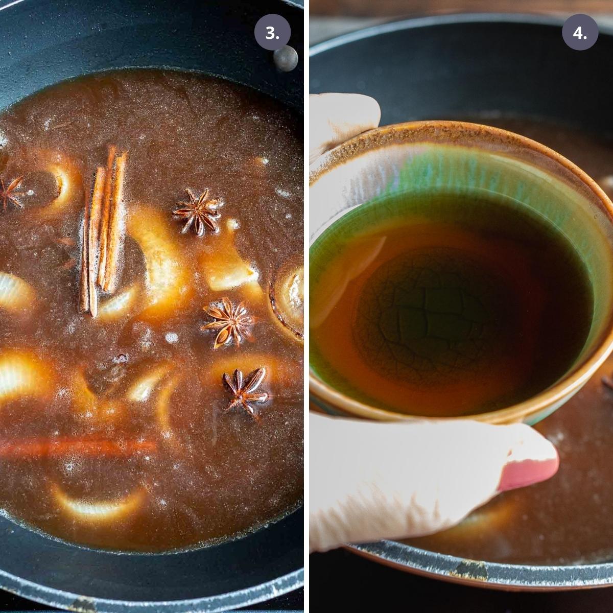 Beef stock, dried spices and fish sauce added to soup. 