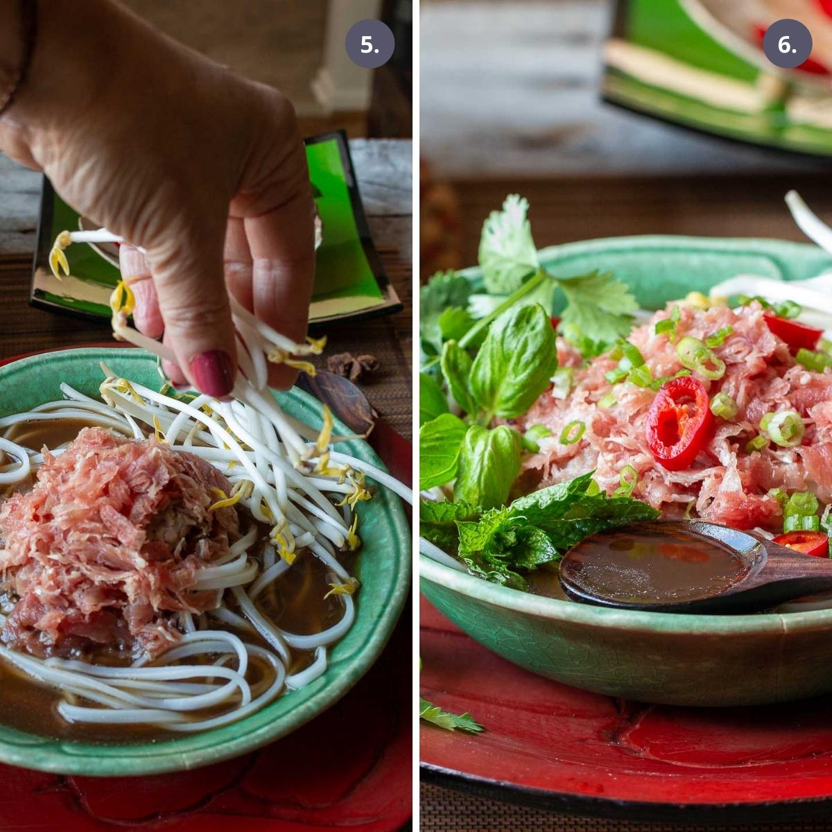 Garnishing quick pho soup with beans sprouts and fresh herbs.