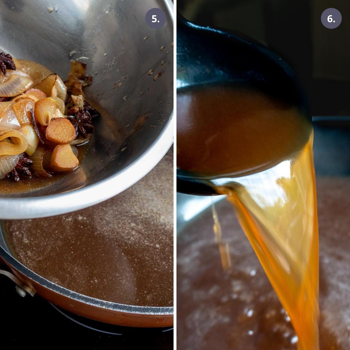 Removing aromatics from soup and pour shot of the gluten free pho broth.