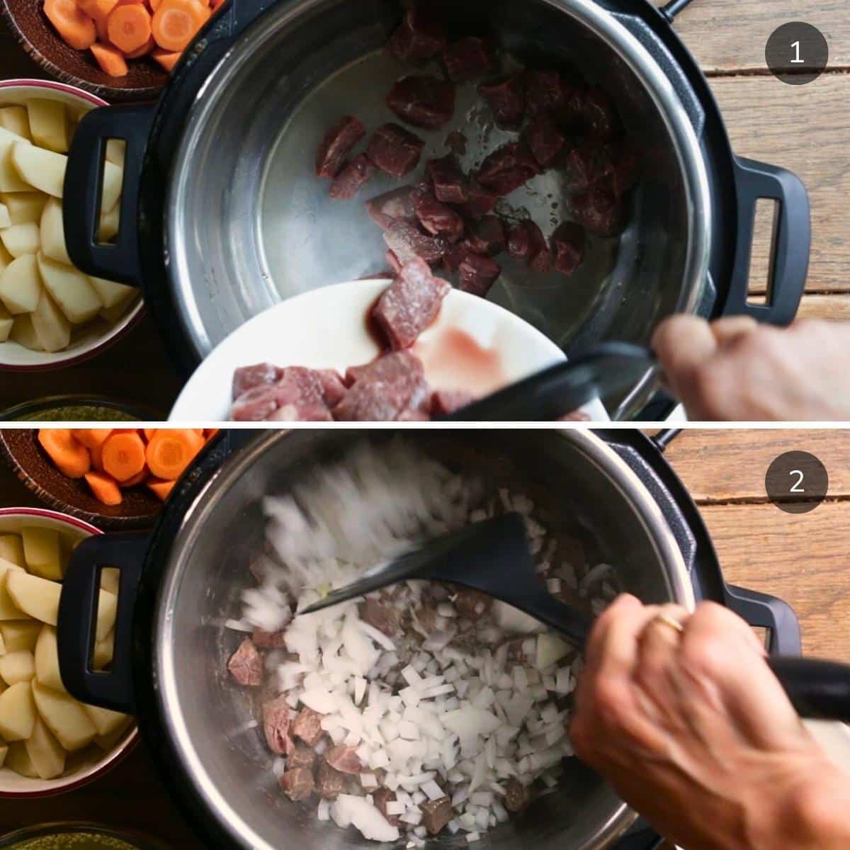 Searing beef in Instant Pot and adding aromatics. 
