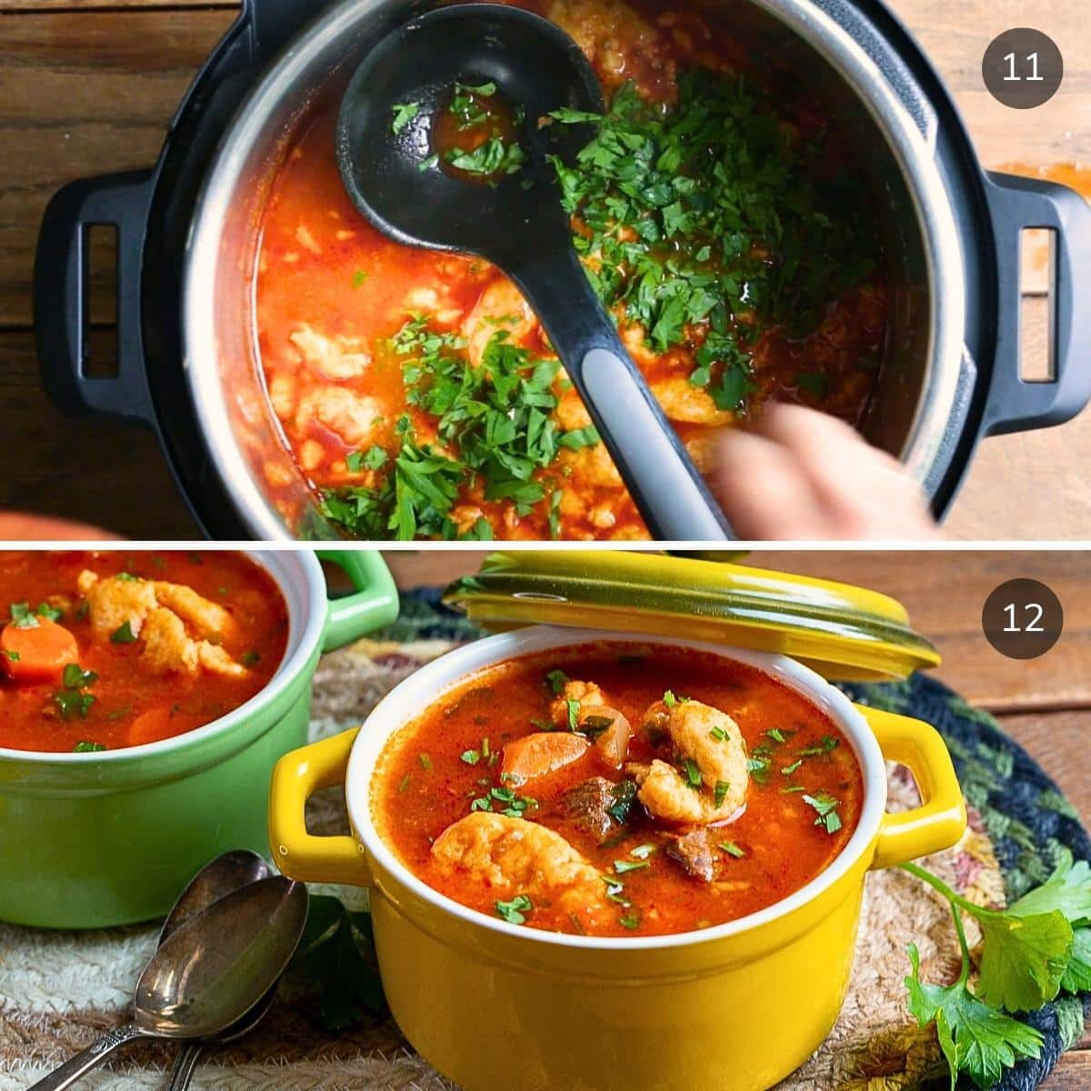 Garnishing with fresh parsley and serving hot in cute little yellow and green soup bowls with matching lids. 