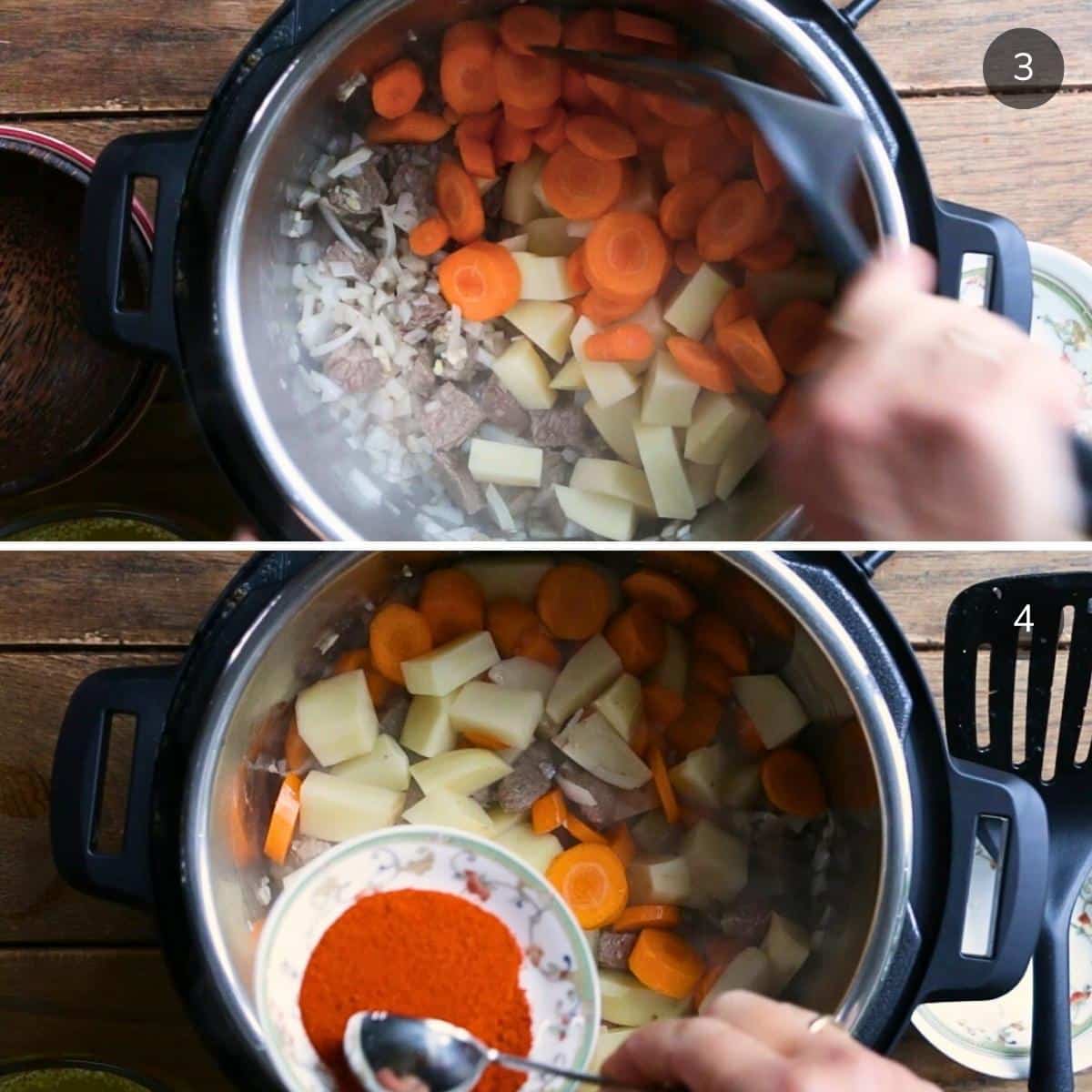 Adding carrots, potatoes, and Hungarian sweet paprika to the multi function pressure cooker.