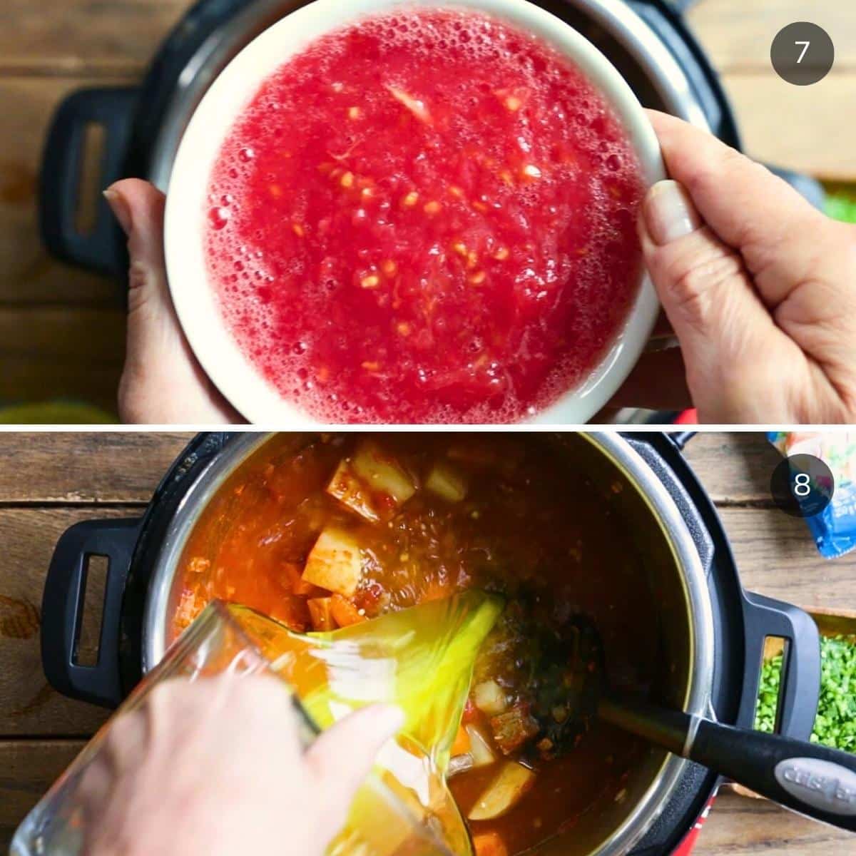 Adding freshly grated tomatoes and vegetable broth to the soup. 