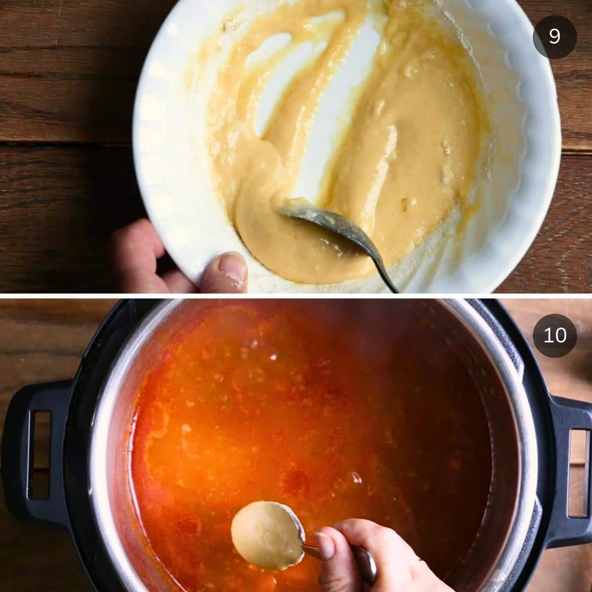 Making the petite  dumplings and dropping them by a small spoonful into the simmering broth.