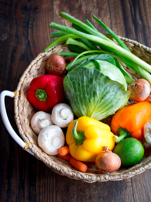 fresh vegetables in a wicker basket. 