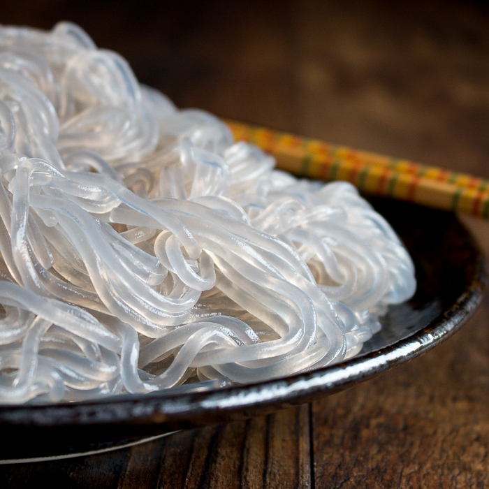 close up showing the Asian pasta noodles after rehydrated in water. 