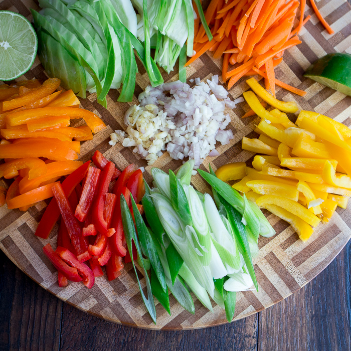 Vegetables all cut up in Julian slices. 
