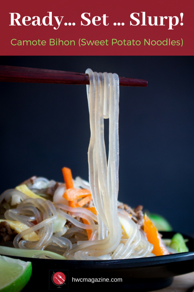 Camote Bihon Sweet Potato Noodles is an EASY delicious recipe from the Philippines. Great for Work and School Lunches. #noodleswithoutborders #hwcmagazine #noodles #asian #bihon #sweetpotatonoodles / https://www.hwcmagazine.com