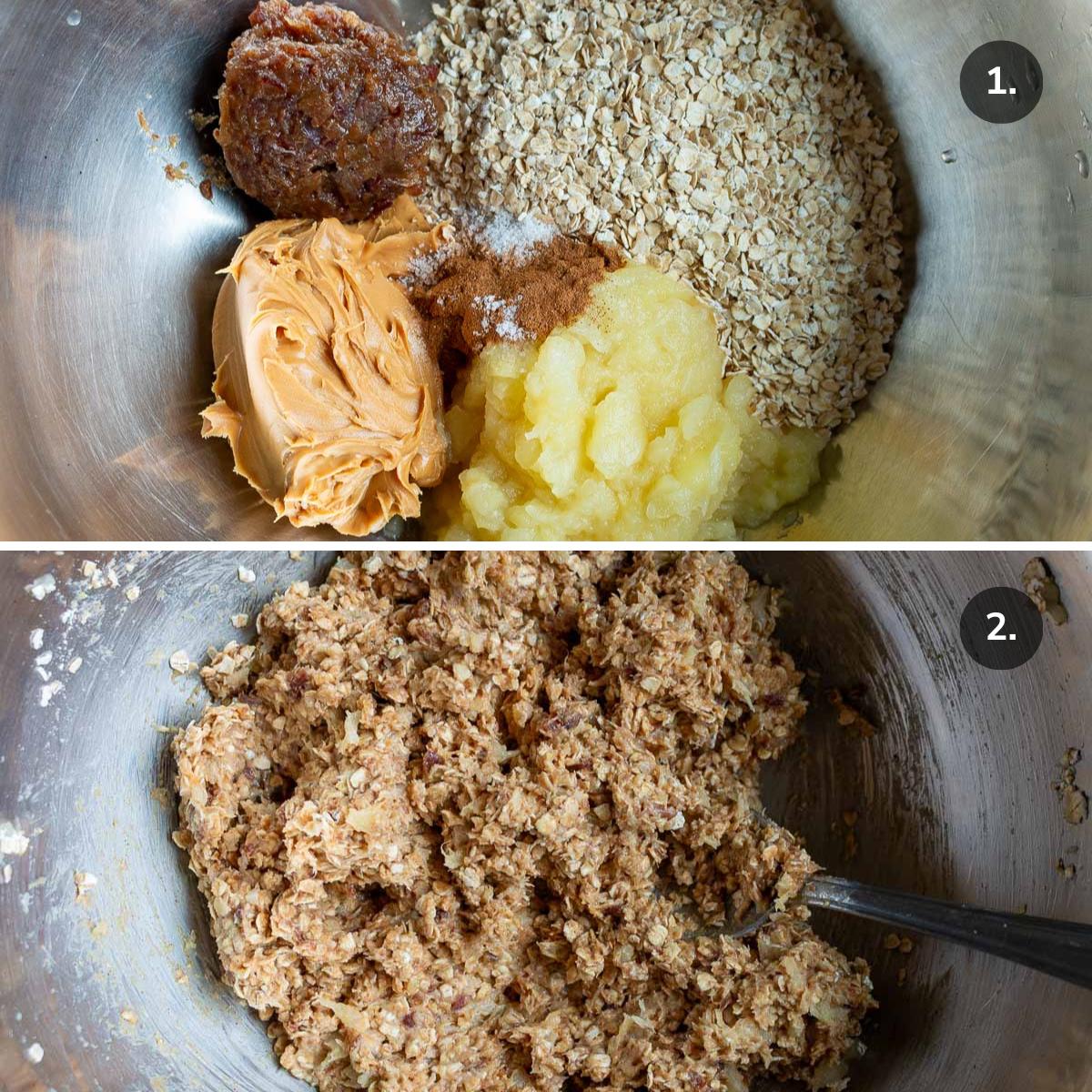 Adding the dry ingredients to an aluminum bowl to make applesauce oatmeal date cookies and stirring it up. 