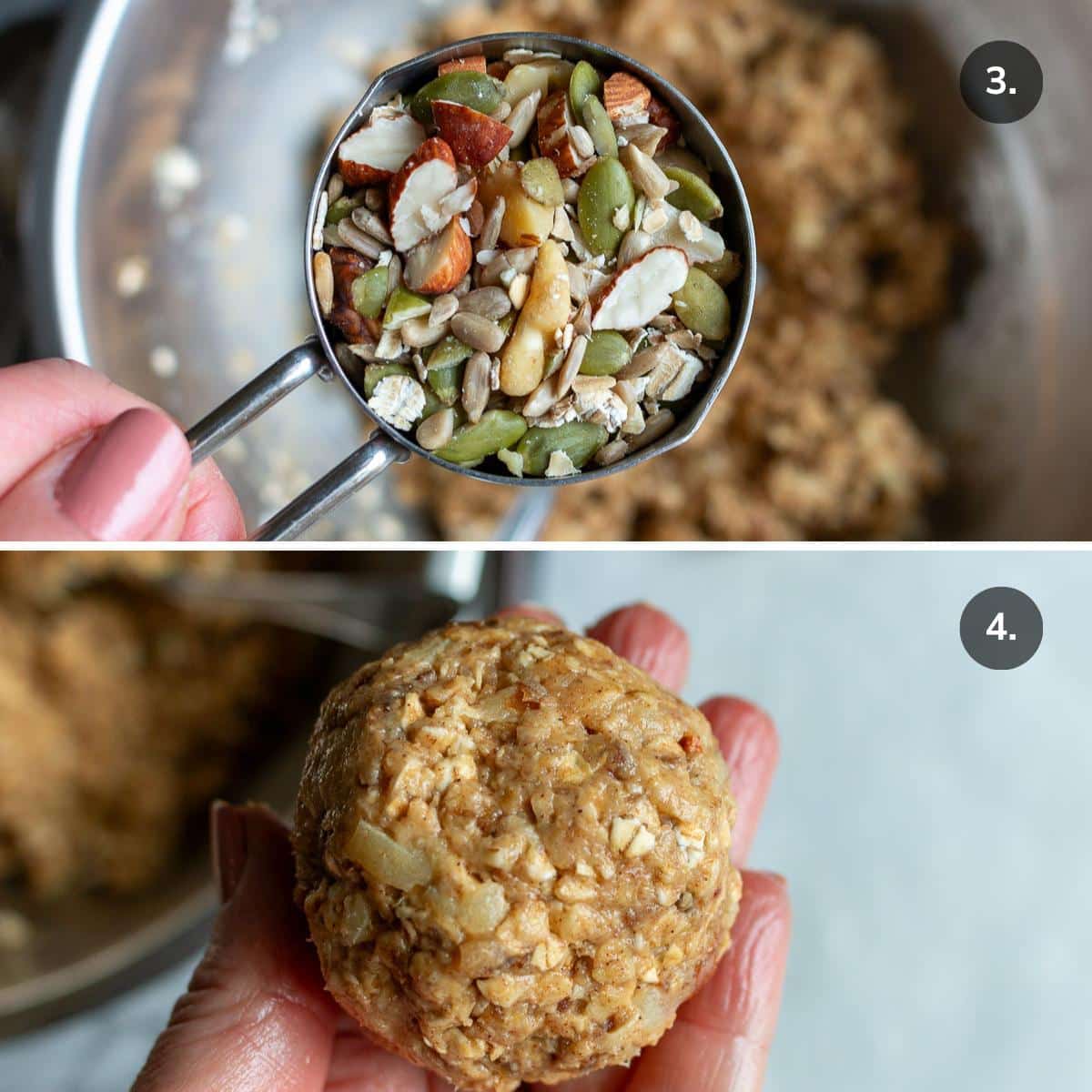 Adding in the extra fun add ins such as nuts and seeds and forming the vegan cookie dough into a ball. 
