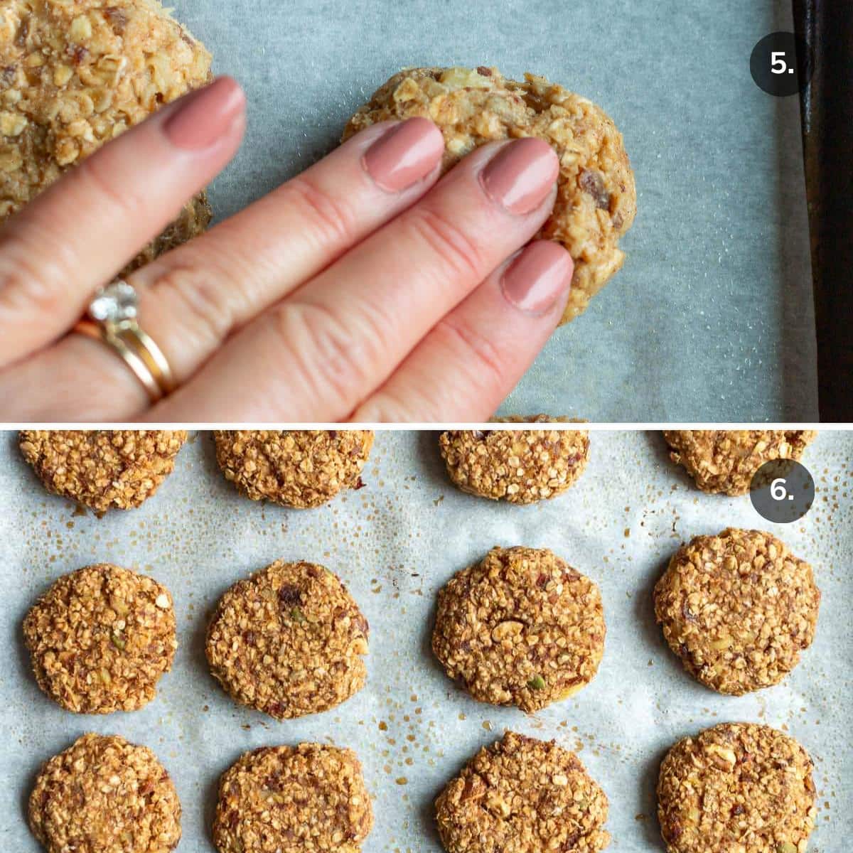 Pressing down the cookies sweetened with dates on the baking sheet and a picture of the final baked cookies in the tray. 