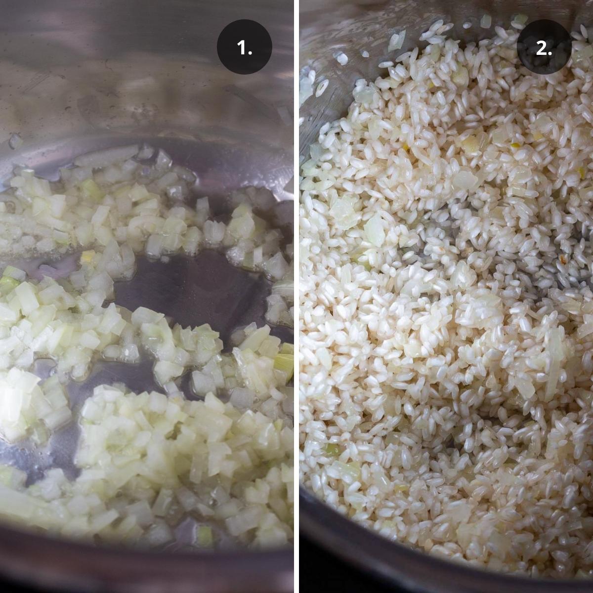 Onions and garlic sautéing in Instant Pot. 