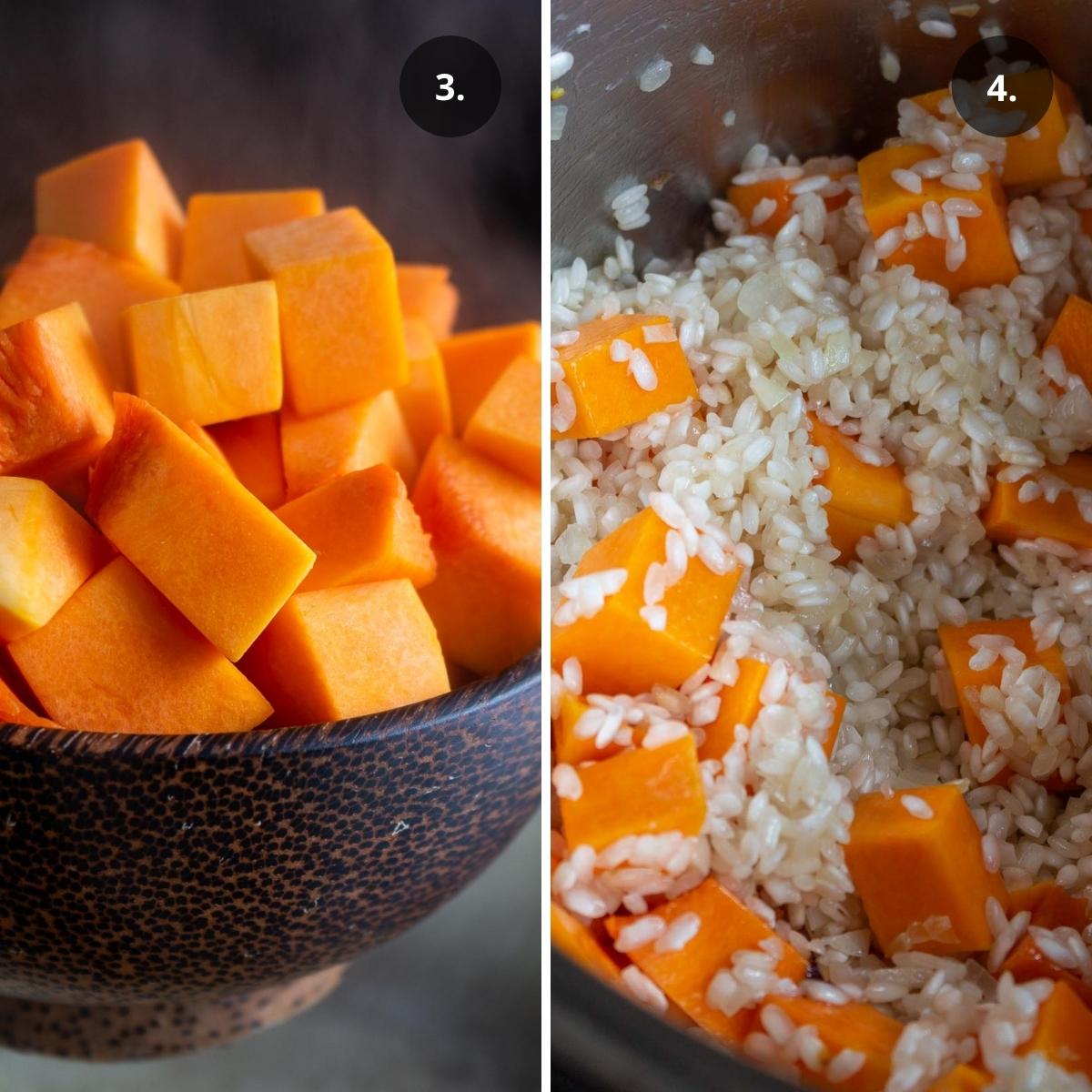 Cubed pumpkin and pumpkin getting mixed in the rice.