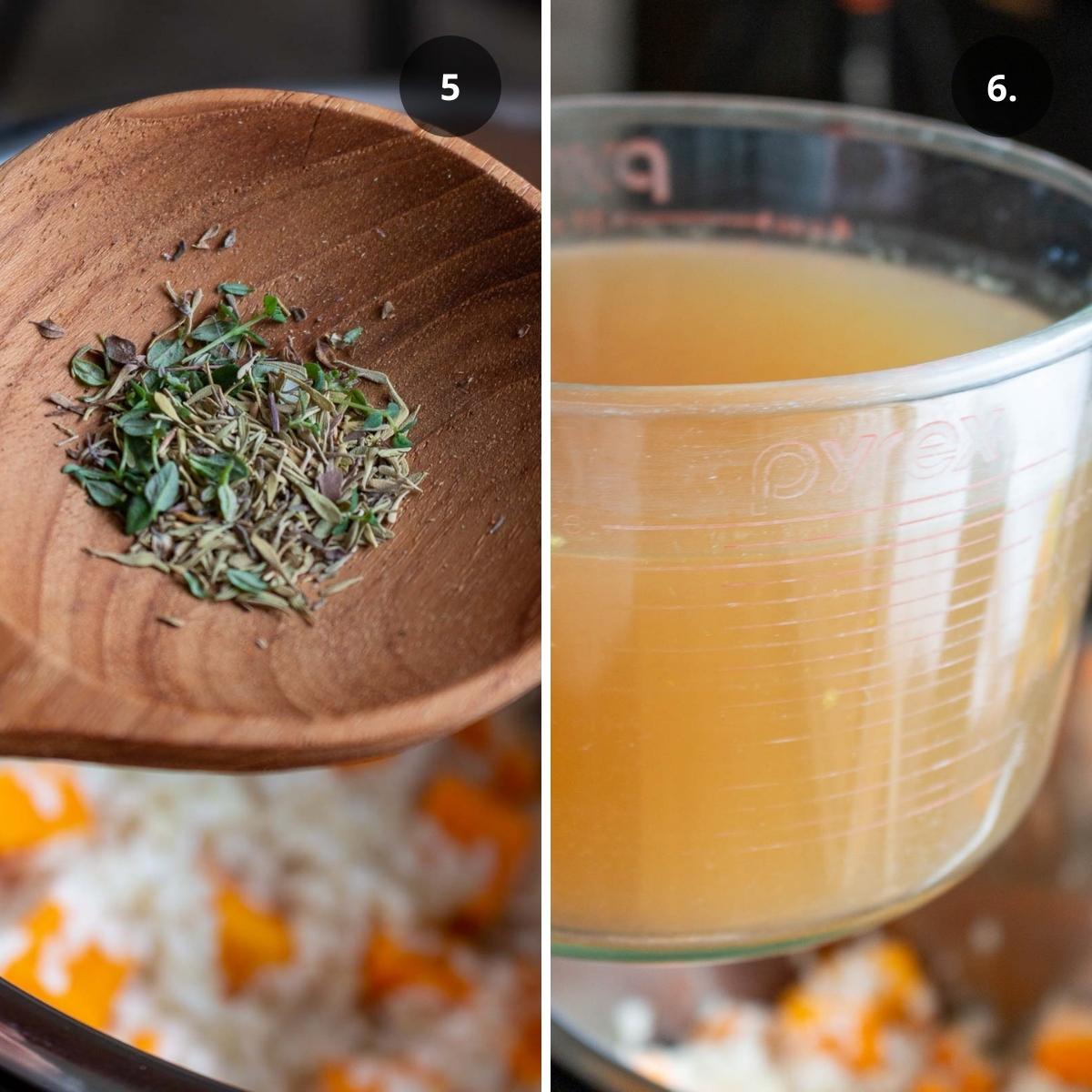 Thyme and vegetable broth added to rice.